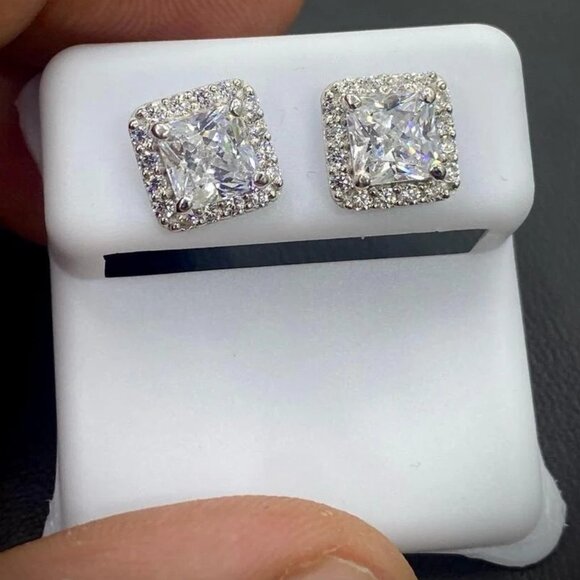 Prime Jewelry 269 Jewelry - 14K White Gold CZ Square Stud Earrings Baguette Push Back for Womens